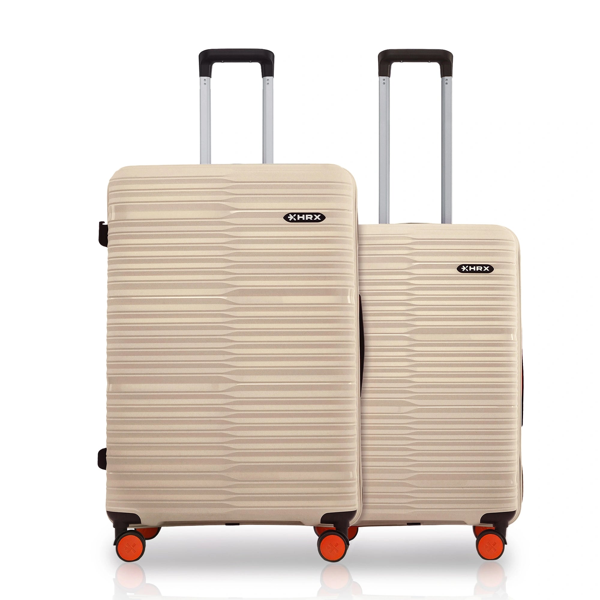 Hard-shell beige trolley luggage set of 2 with upright handles and 8-wheel bases