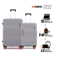 Hard-shell luggage set of 2 side-by-side in grey with orange trim and rolling wheels