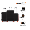 Hard-body luggage set of 3 with telescopic handles, black cases with red trim and wheels.