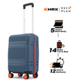 Blue small cabin suitcase with telescopic handle and 8 wheels, orange border accents