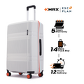 Light grey large check-in suitcase front with red trim, caster wheels, and handle