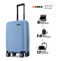 Light blue small cabin suitcase standing with four spinner wheels and ridged shell
