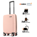 Peach small cabin suitcase with extendable handle and 8 spinner wheels.