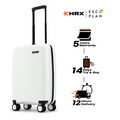 White cabin suitcase with upright handle and black wheels, three-quarter side view