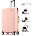 Peach hard-shell check-in suitcase with side handle, zipper, and wheels