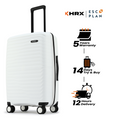 White medium check-in suitcase with telescopic handle and 4 front wheels, ribbed shell