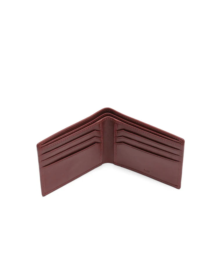 Men's Lume bi-fold wallet, cherry interior with card slots and center fold