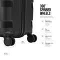 Large check-in trolley close-up of spinner wheels and textured dark shell