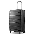 Large check-in trolley suitcase in dark carbon texture with four wheels and side handle