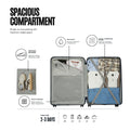 Blue cabin trolley open with spacious interior compartments and side mesh packing pockets.