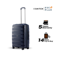 Blue cabin trolley front view with telescopic handle and four low-profile spinner wheels.