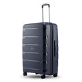 Large check-in trolley suitcase in blue textured shell with telescopic handle and four wheels