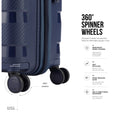 Blue large check-in trolley close-up of corner shell texture and spinner wheels.