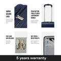 Blue large check-in trolley with push-button trolley handle and secure zipper lock.