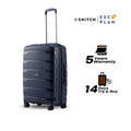 Navy check-in trolley with retractable handle, side panel details, and warranty badge