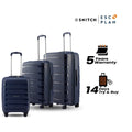 Three navy polypropylene trolley cases stacked, with side handles and 5-year warranty badge