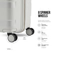 White hardshell spinner trolley with dark wheel caps and smooth-rolling 360-degree wheels