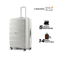 White ridged hardshell spinner trolley with telescopic handle and front logo patch