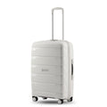 Light grey check-in trolley with retractable handle and four spinner wheels, medium size