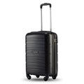 Cabin trolley suitcase in black poly with four wheels and upright telescopic handle.