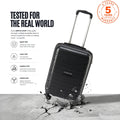 Black cabin trolley suitcase with telescopic handle and four spinner wheels.