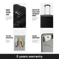 Black cabin trolley with push-button handle and secure side lock detail.
