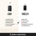 Black mini cabin trolley suitcase with extended handle and four wheels.