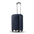 Cabin trolley suitcase in dark blue poly with four wheels and upright telescopic handle.
