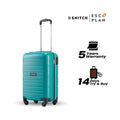 Teal cabin trolley suitcase front view with telescopic handle and 4 wheels