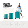 Set of three teal poly trolley suitcases in different sizes with upright handles and wheels