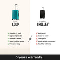 Two poly trolley suitcases, teal and black, upright handles with four wheels each