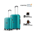 Pair of teal poly trolley suitcases, front view, with telescopic handles and wheels