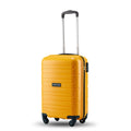 Cabin trolley suitcase in yellow poly with four wheels and upright telescopic handle.