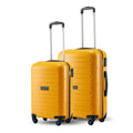 Pair of yellow poly trolley suitcases, front view, with telescopic handles and wheels