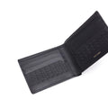 Black leather bi-fold wallet open, showing interior compartments and logo emboss