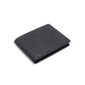 Black leather bi-fold wallet with embossed textured logo pattern front