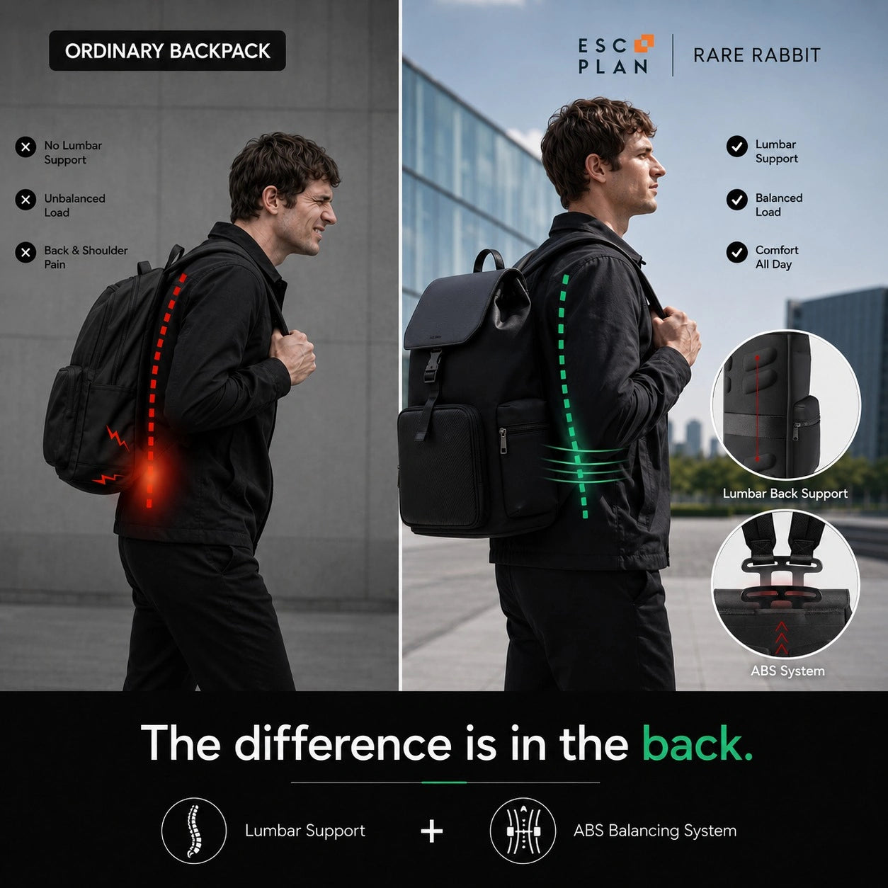 Black backpack with padded back support system and adjustable shoulder straps
