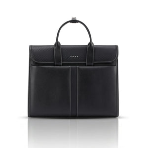 Black nylon messenger briefcase with flap front and dual top handles