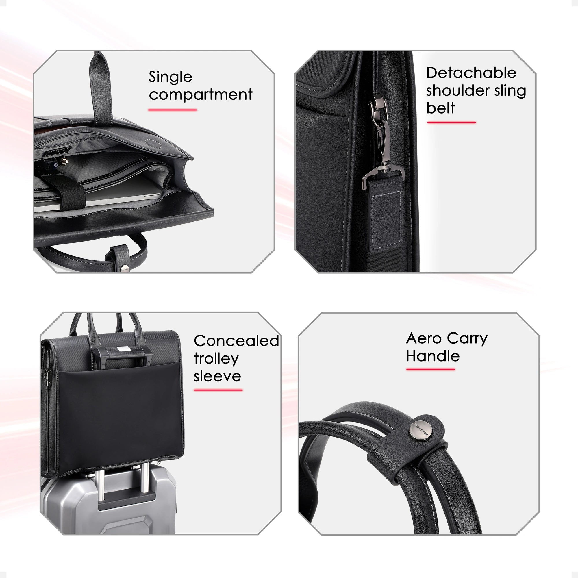 Black briefcase with concealed trolley sleeve and detachable shoulder strap