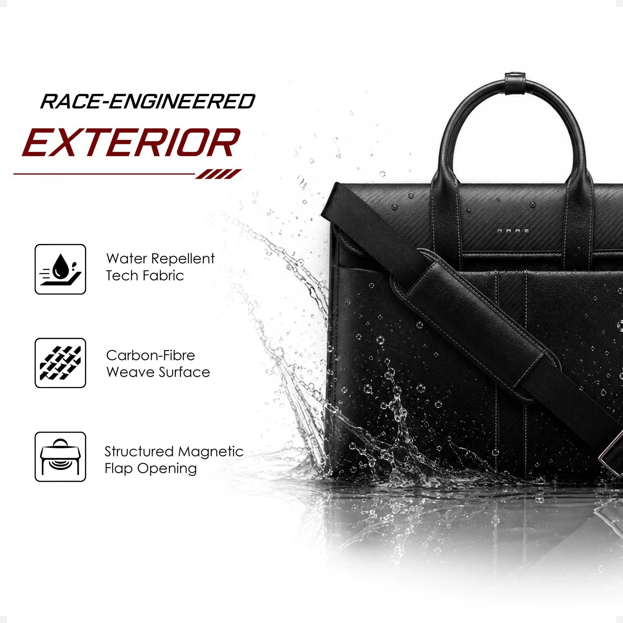 Black carbon-fibre pattern briefcase with water-repellent finish and magnetic flap