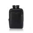 Black nylon backpack with padded top handle, two straps, and front zip pocket.