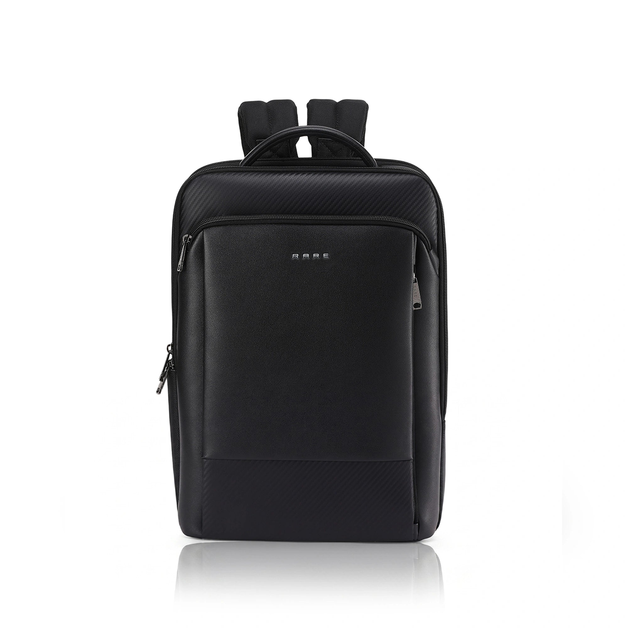 Black nylon backpack with padded top handle, two straps, and front zip pocket.