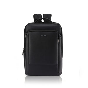 Black nylon backpack with padded top handle, two straps, and front zip pocket.