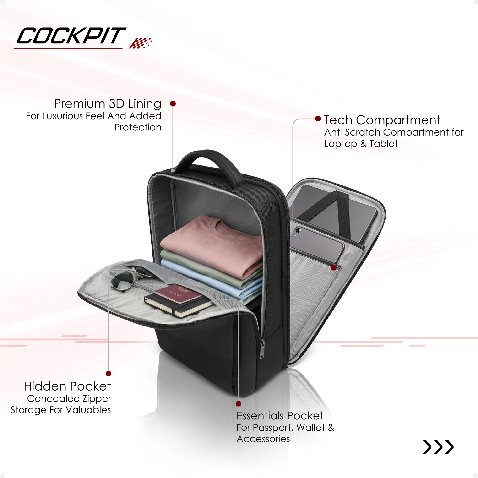 Black backpack open view with tech compartment and padded interior pockets.