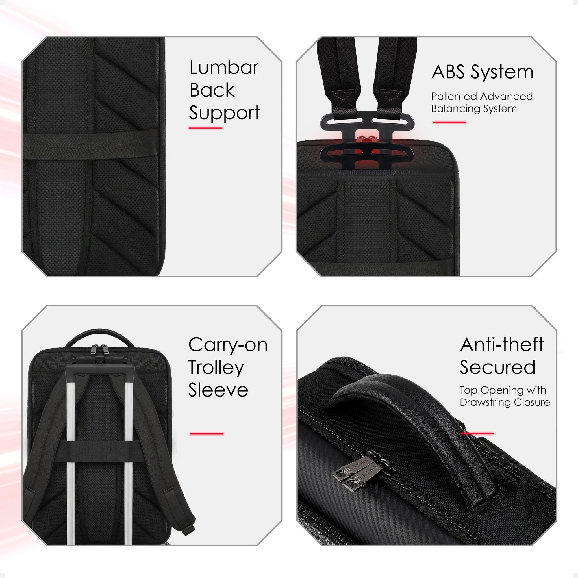 Black backpack feature view: carry-on strap, anti-theft secured top, and zippers.