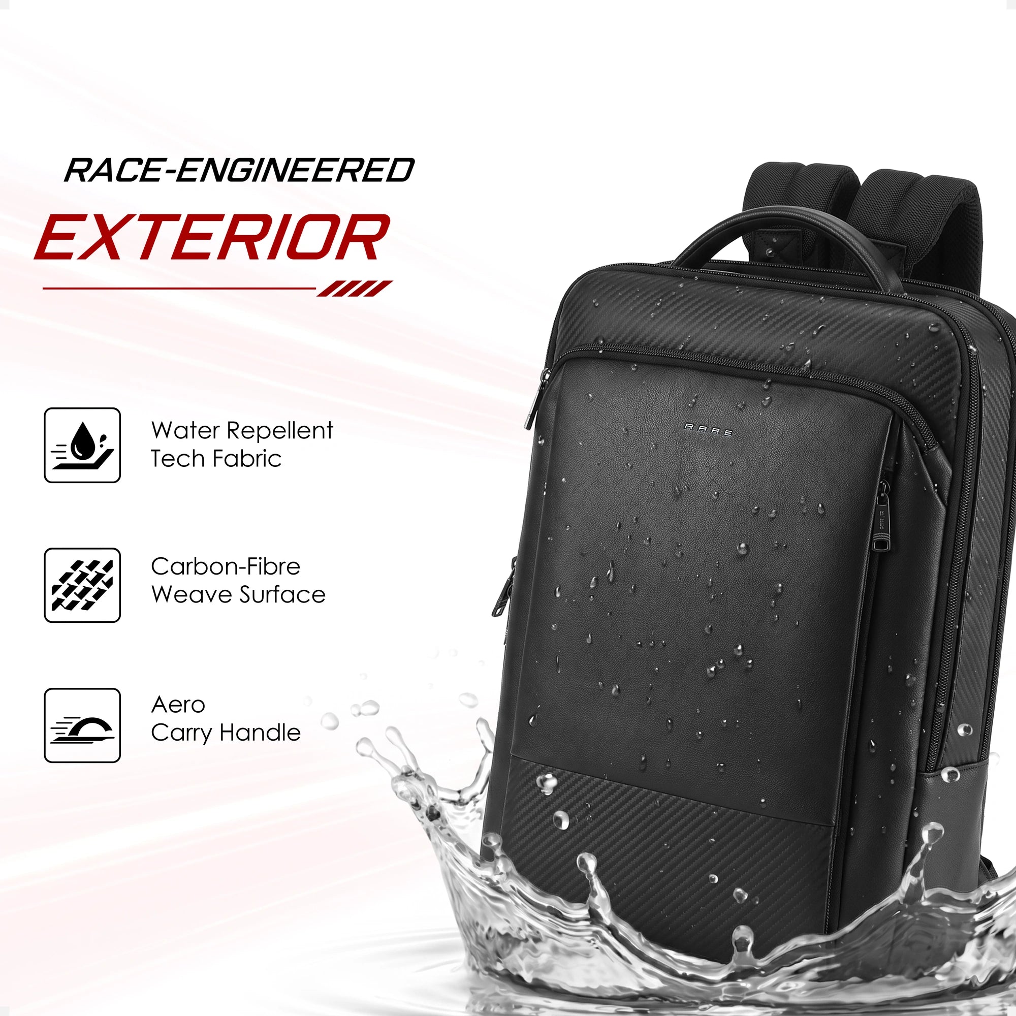 Black backpack exterior with water droplets on a carbon-fiber weave surface.