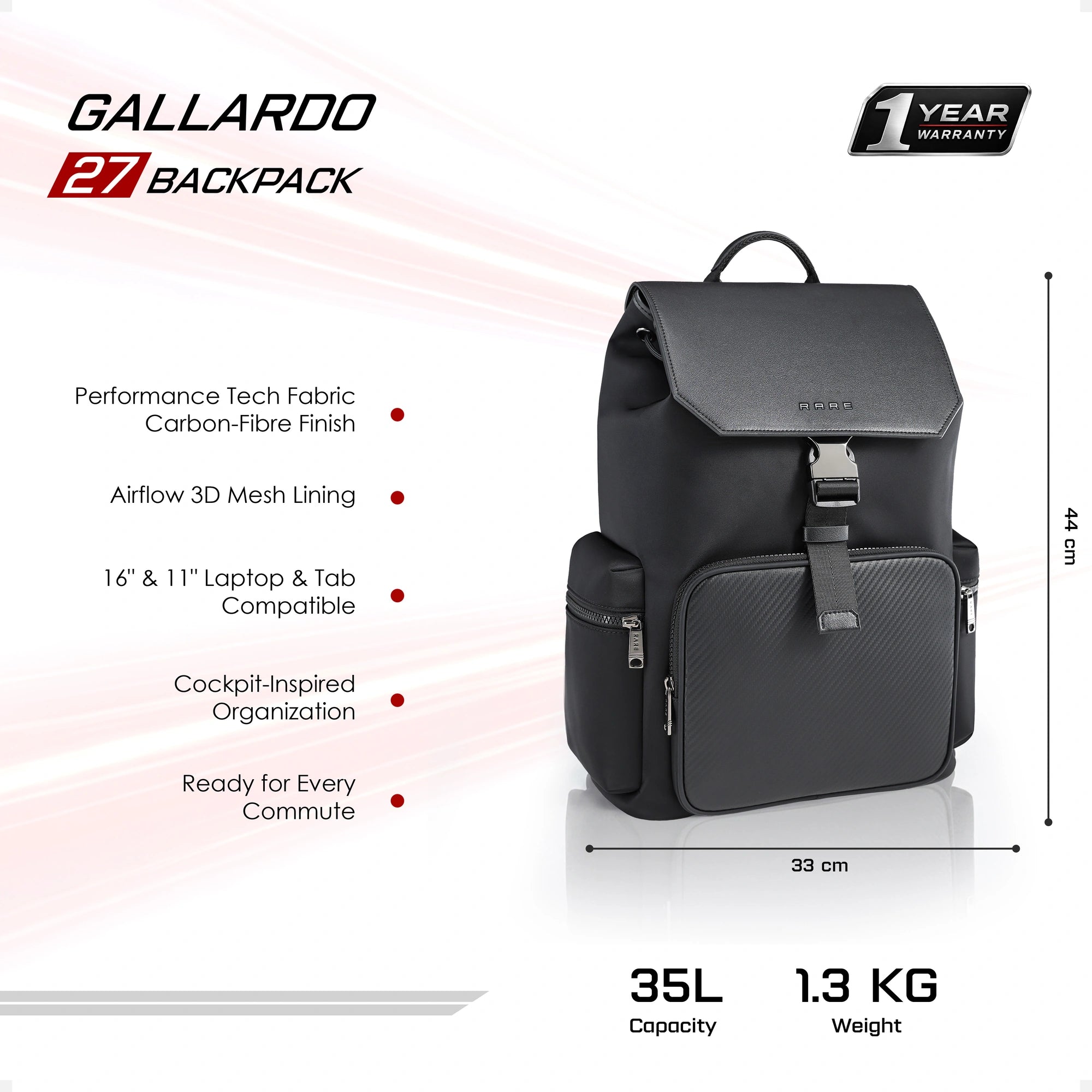 Black backpack with front flap, zip pockets, and adjustable shoulder straps
