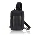 Black nylon crossbody sling bag with top handle and front vertical zipper pocket.