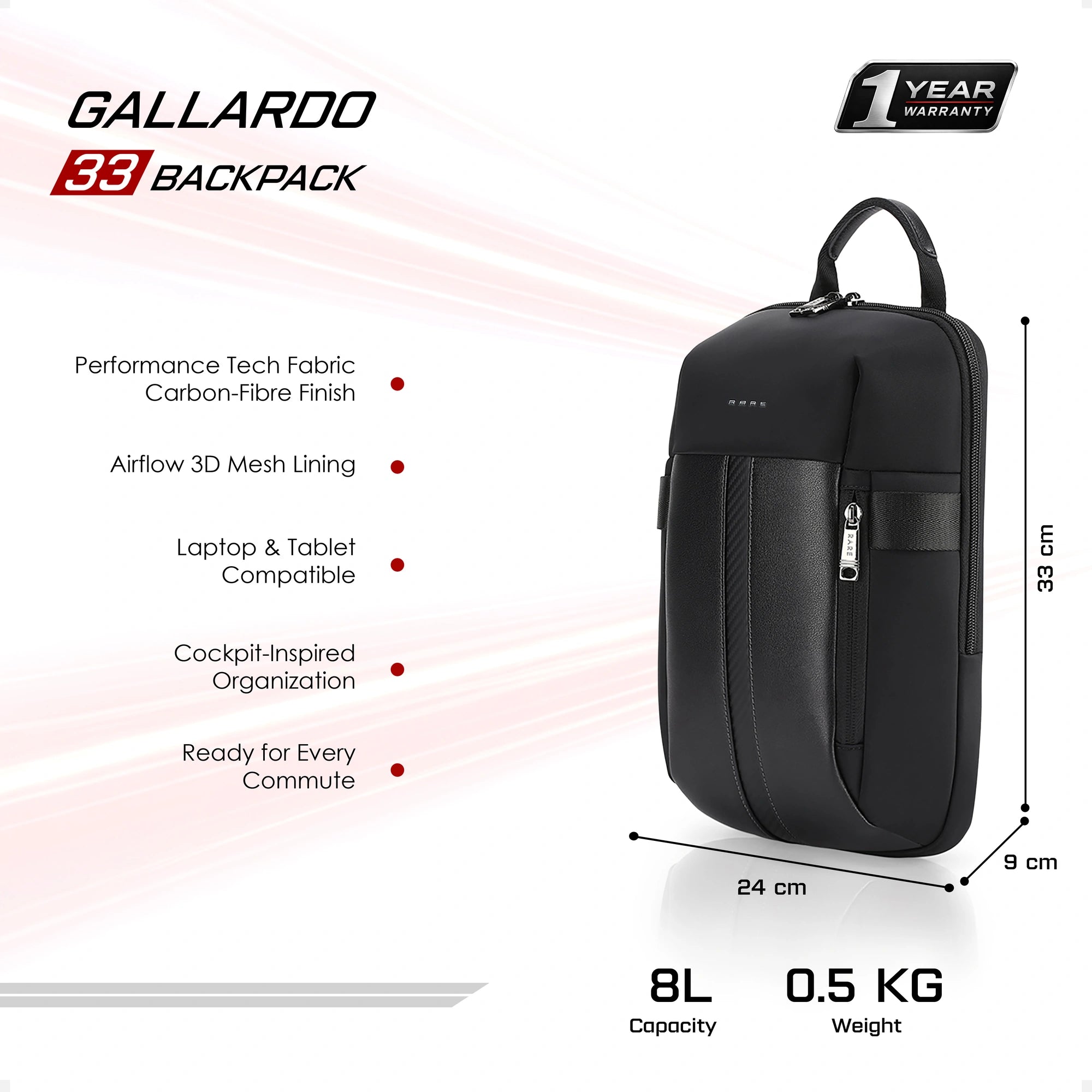 Black crossbody backpack with top carry handle, front zipper, and 8L capacity styling.