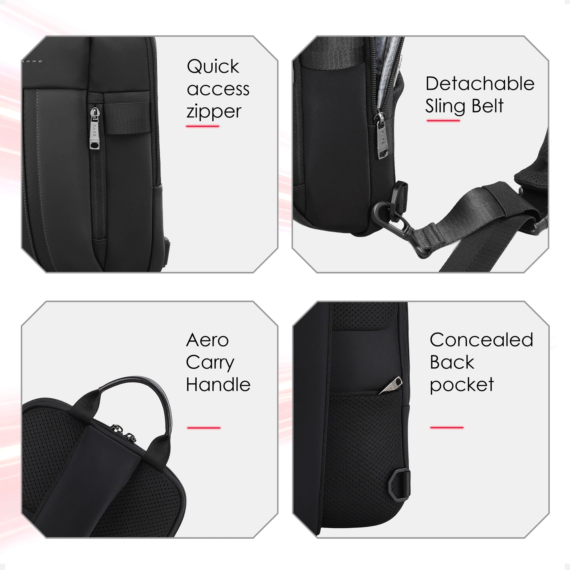 Black crossbody backpack with quick-access zipper and detachable sling belt.